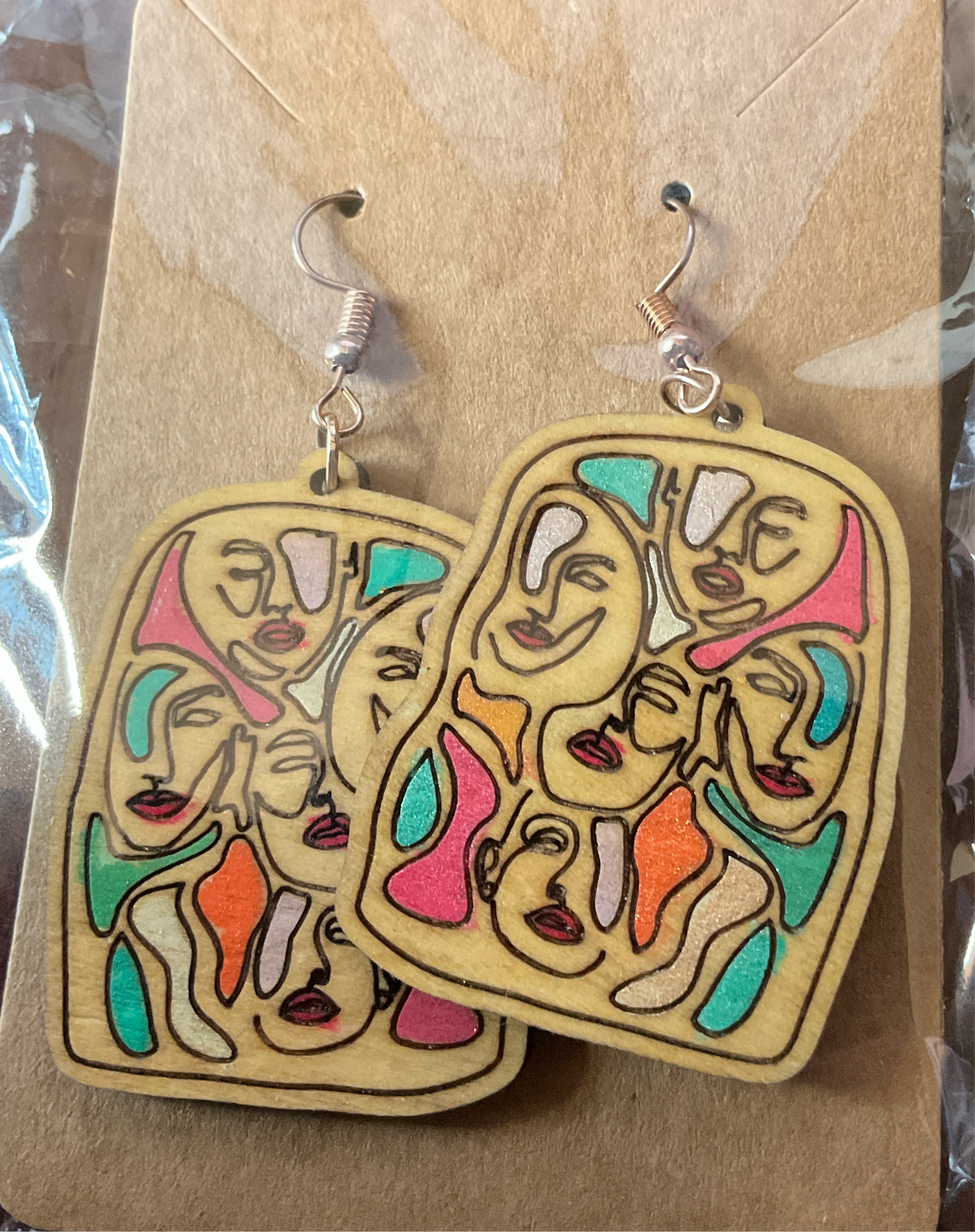 Dangle Earrings - Engraved and Hand Painted  Abstract Wood Earrings, Makes a great gift!