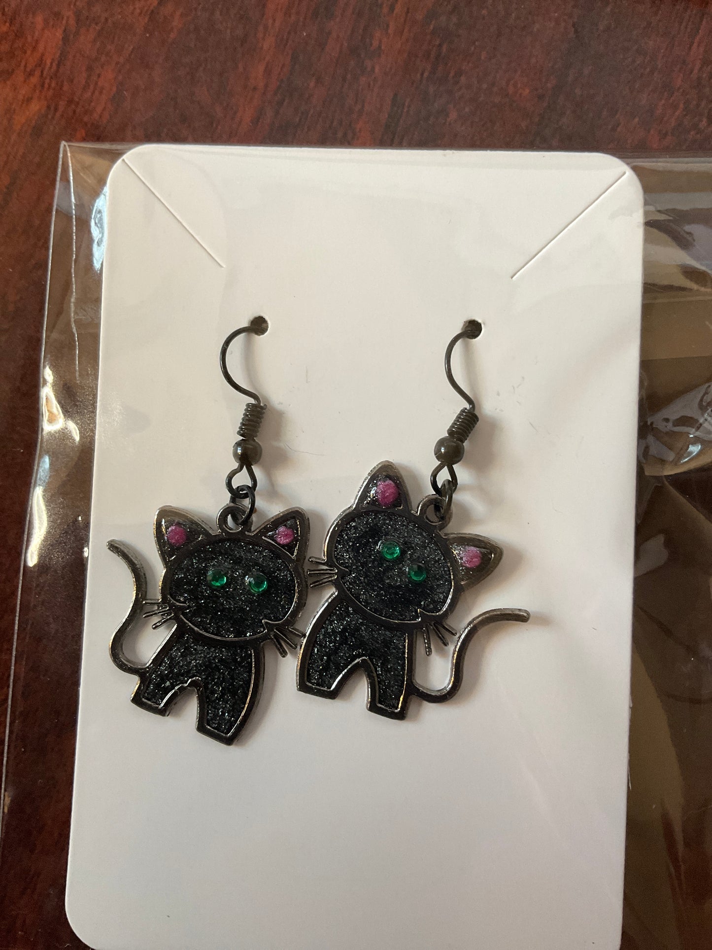 Black Cat Dangle Earrings with Rihinestone Accents