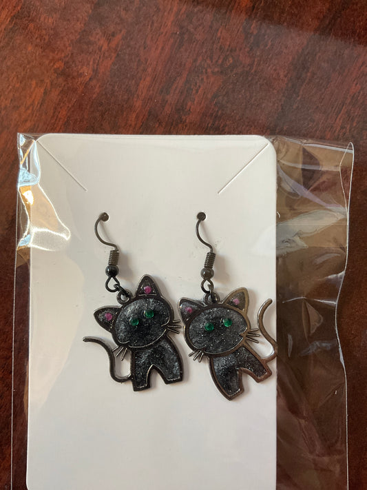 Black Cat Dangle Earrings with Rihinestone Accents