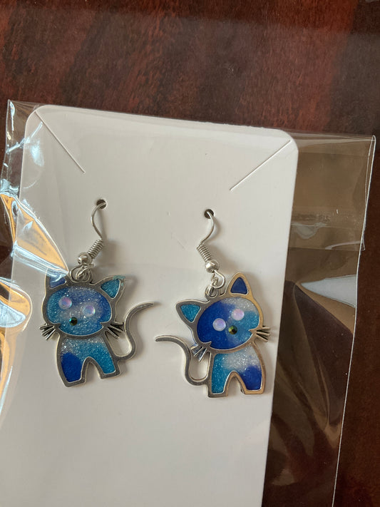 Blue Cat Dangle earrings with Rhinestone Accents