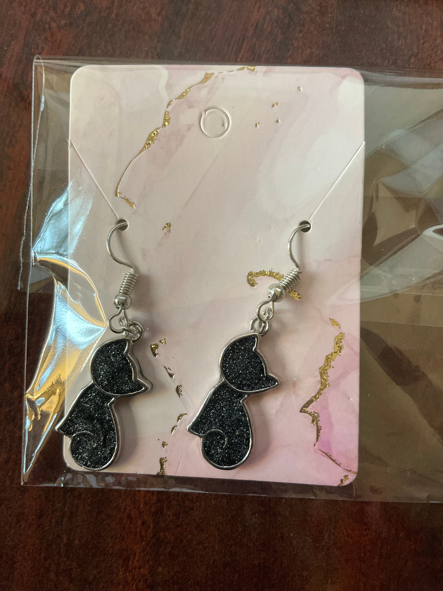 Cat Dangle Earrings - Small Black Cat in Silver Bezel