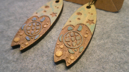 Dangle Earrings -  Engraved and Hand Painted  Turtle Wood Earrings, Makes a great gift!