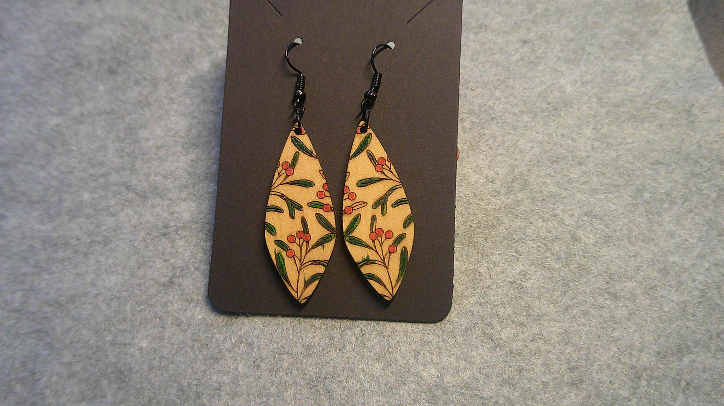 Dangle Earrings -  Engraved and Hand Painted FLORAL Wood Earrings, Makes a great gift!