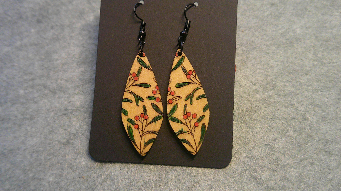 Dangle Earrings -  Engraved and Hand Painted FLORAL Wood Earrings, Makes a great gift!