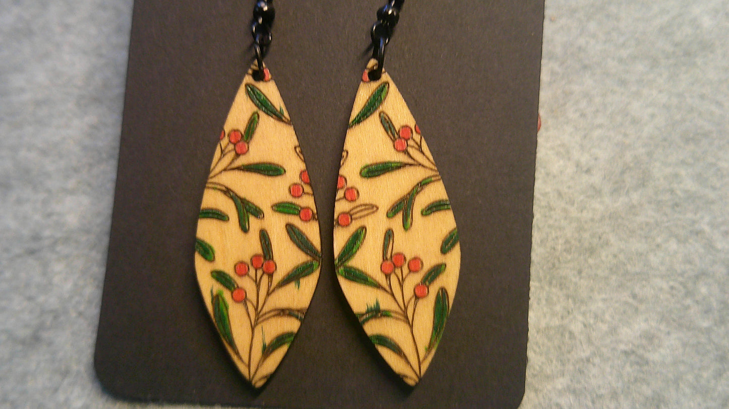 Dangle Earrings -  Engraved and Hand Painted FLORAL Wood Earrings, Makes a great gift!