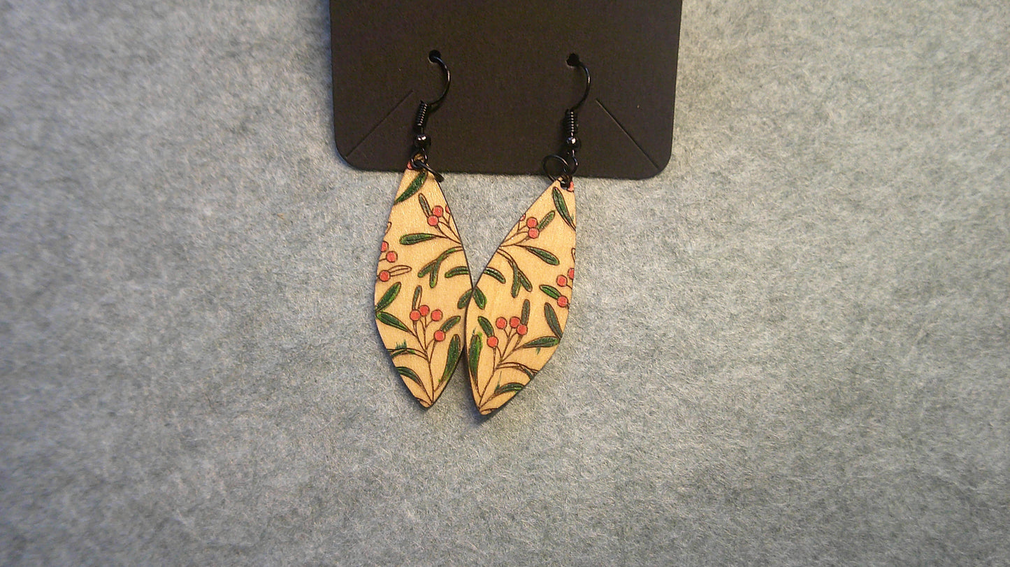 Dangle Earrings -  Engraved and Hand Painted FLORAL Wood Earrings, Makes a great gift!