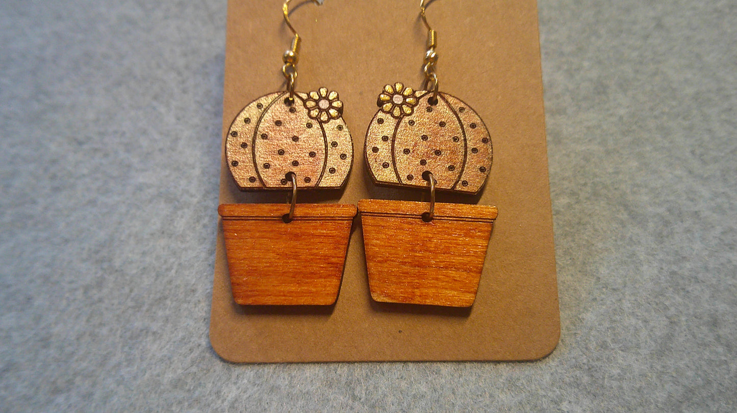 Dangle Earrings - Engraved and Hand Painted Cactus Wood Earrings, Makes a great gift!