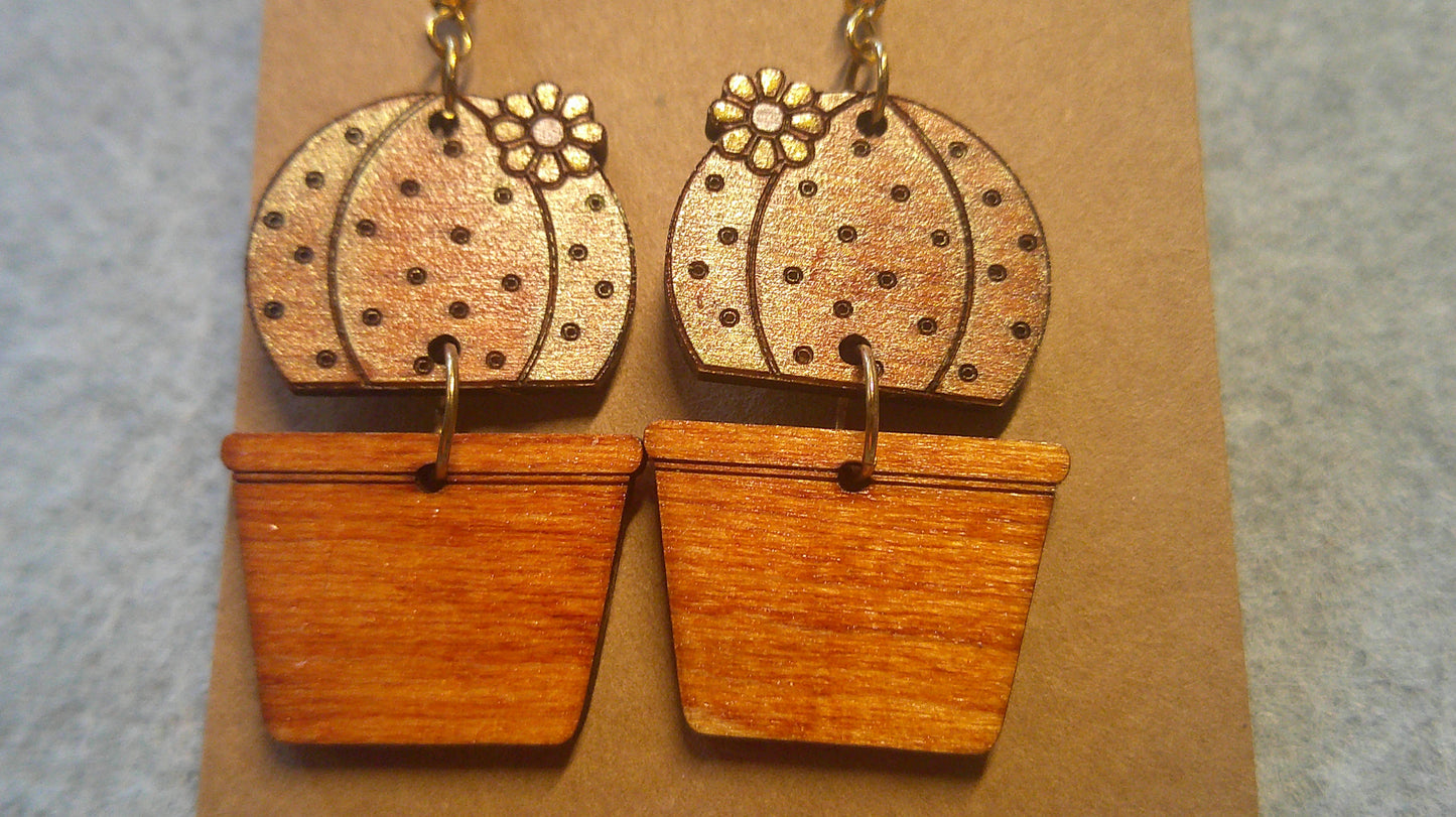 Dangle Earrings - Engraved and Hand Painted Cactus Wood Earrings, Makes a great gift!