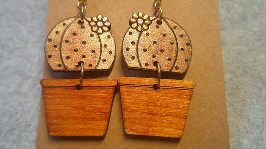 Dangle Earrings - Engraved and Hand Painted Cactus Wood Earrings, Makes a great gift!