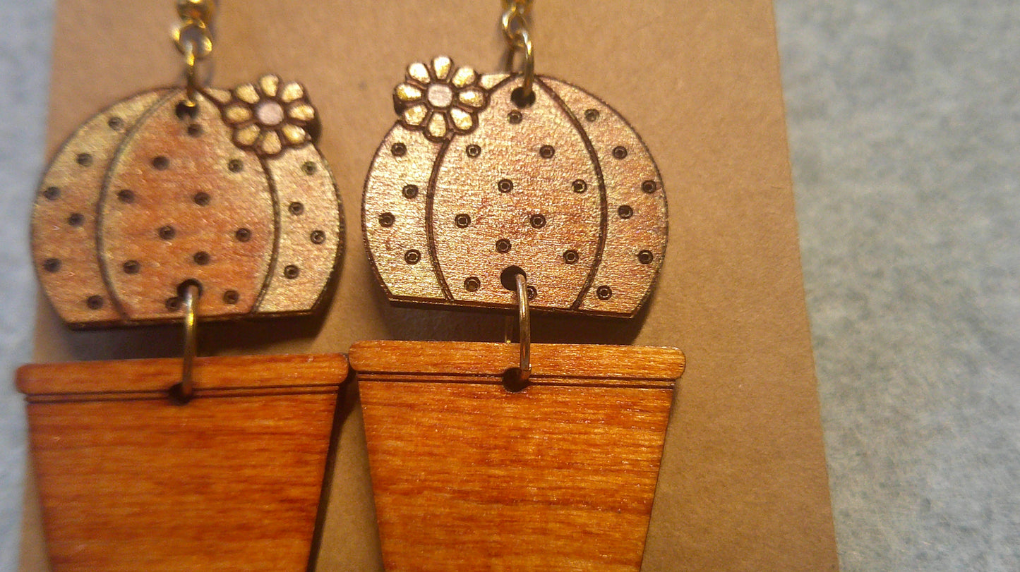 Dangle Earrings - Engraved and Hand Painted Cactus Wood Earrings, Makes a great gift!