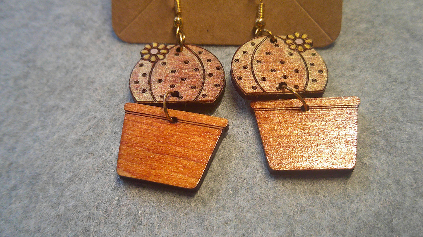 Dangle Earrings - Engraved and Hand Painted Cactus Wood Earrings, Makes a great gift!