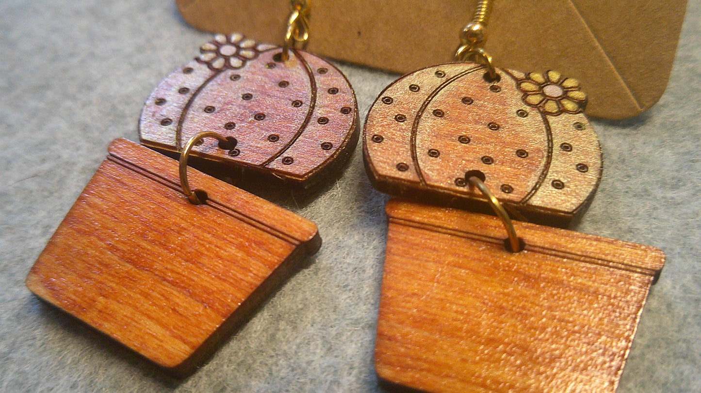 Dangle Earrings - Engraved and Hand Painted Cactus Wood Earrings, Makes a great gift!