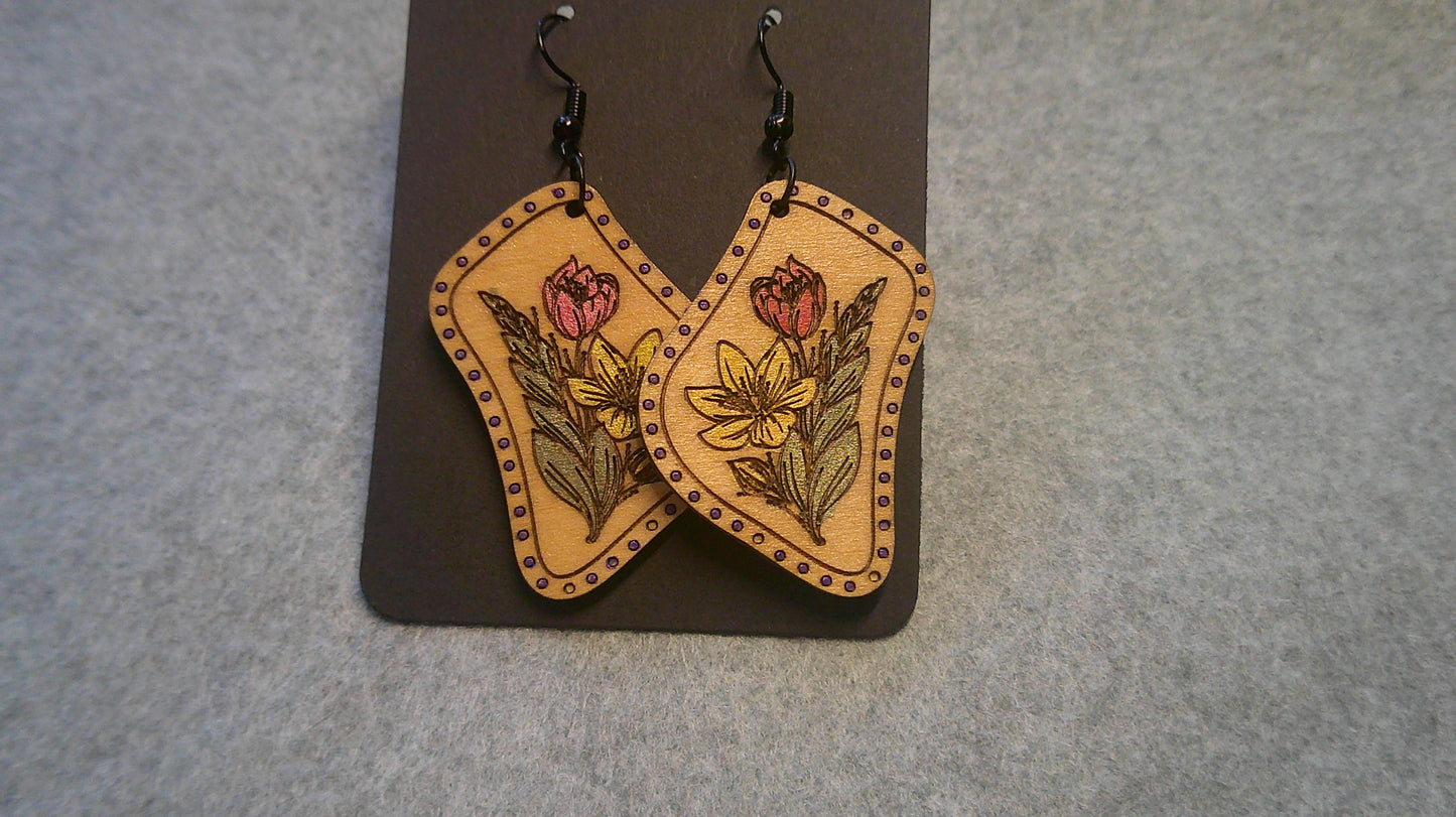 Dangle Earrings - Engraved and Hand Painted  Wood Earrings, Makes a great gift!