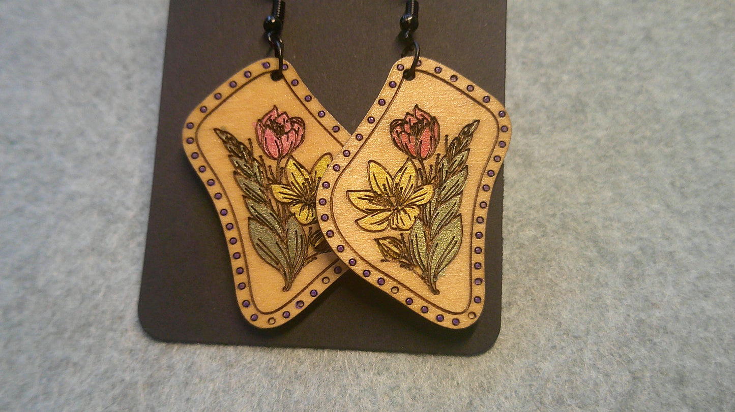 Dangle Earrings - Engraved and Hand Painted  Wood Earrings, Makes a great gift!