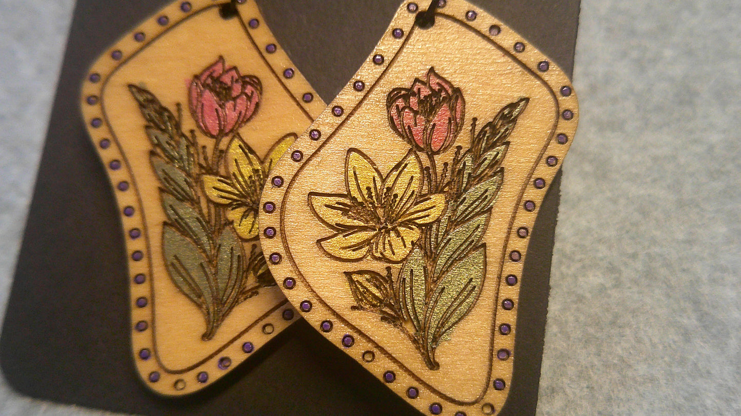 Dangle Earrings - Engraved and Hand Painted  Wood Earrings, Makes a great gift!