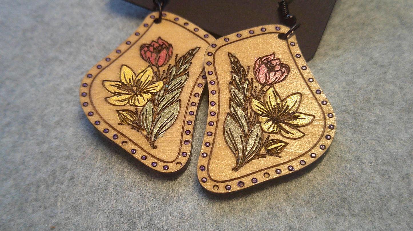 Dangle Earrings - Engraved and Hand Painted  Wood Earrings, Makes a great gift!