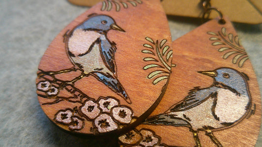 Dangle Earrings -  Engraved and Hand Painted Bird Wood Earrings, Makes a great gift!