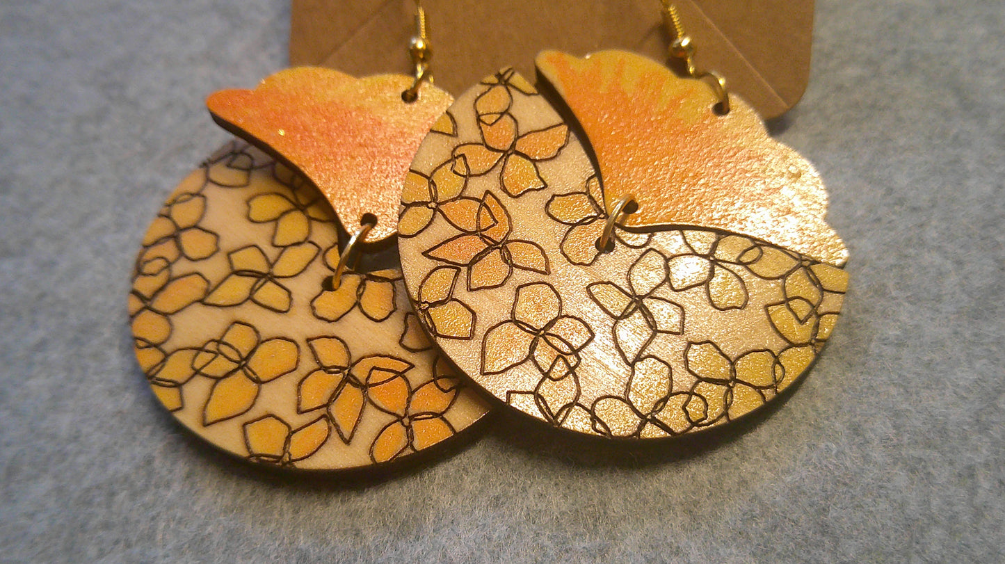 Dangle Earrings -  Engraved and Hand Painted Floral Wood Earrings, Makes a great gift!