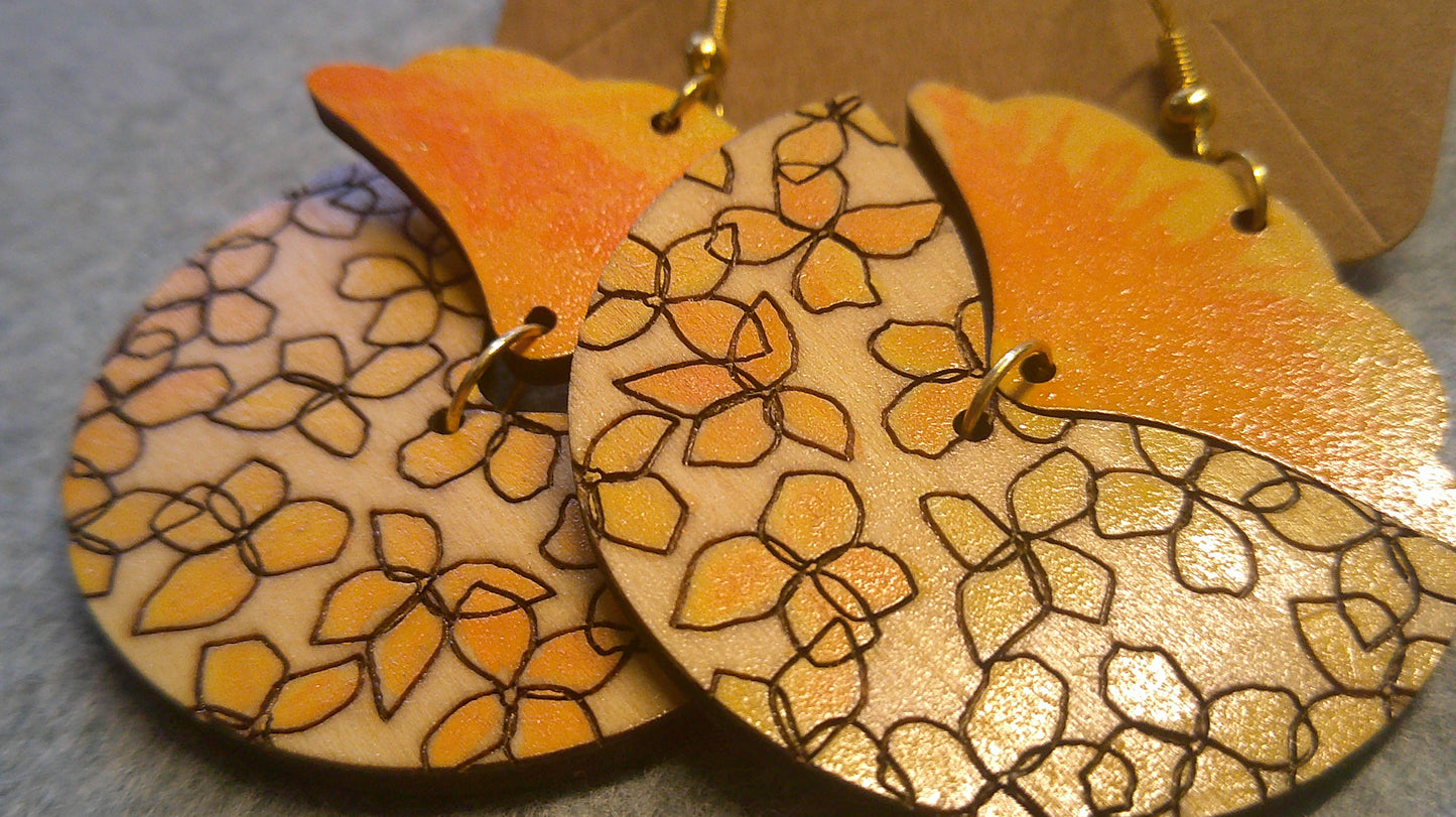 Dangle Earrings -  Engraved and Hand Painted Floral Wood Earrings, Makes a great gift!