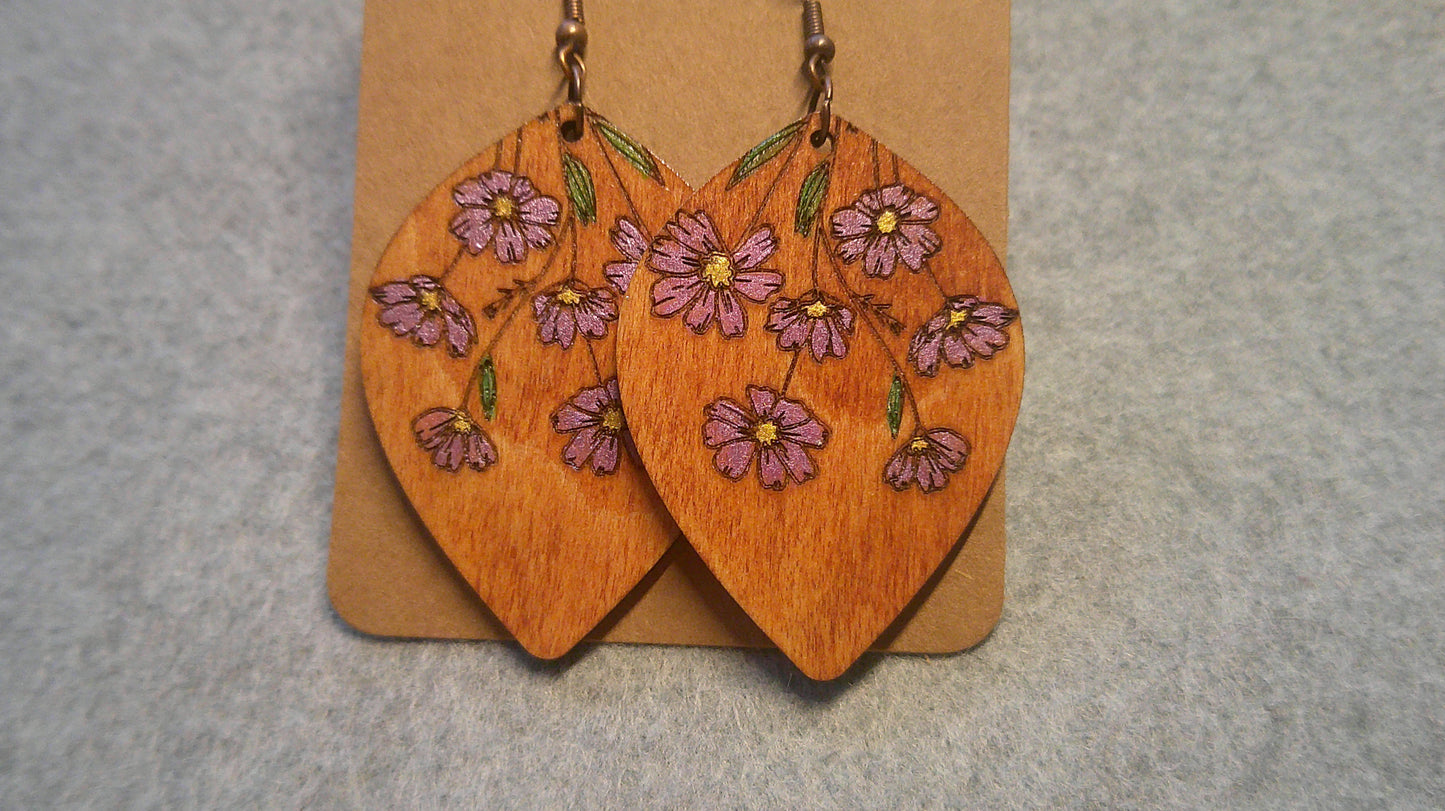 Dangle Earrings - Engraved and Hand Painted Floral Wood Earrings, Makes a great gift!