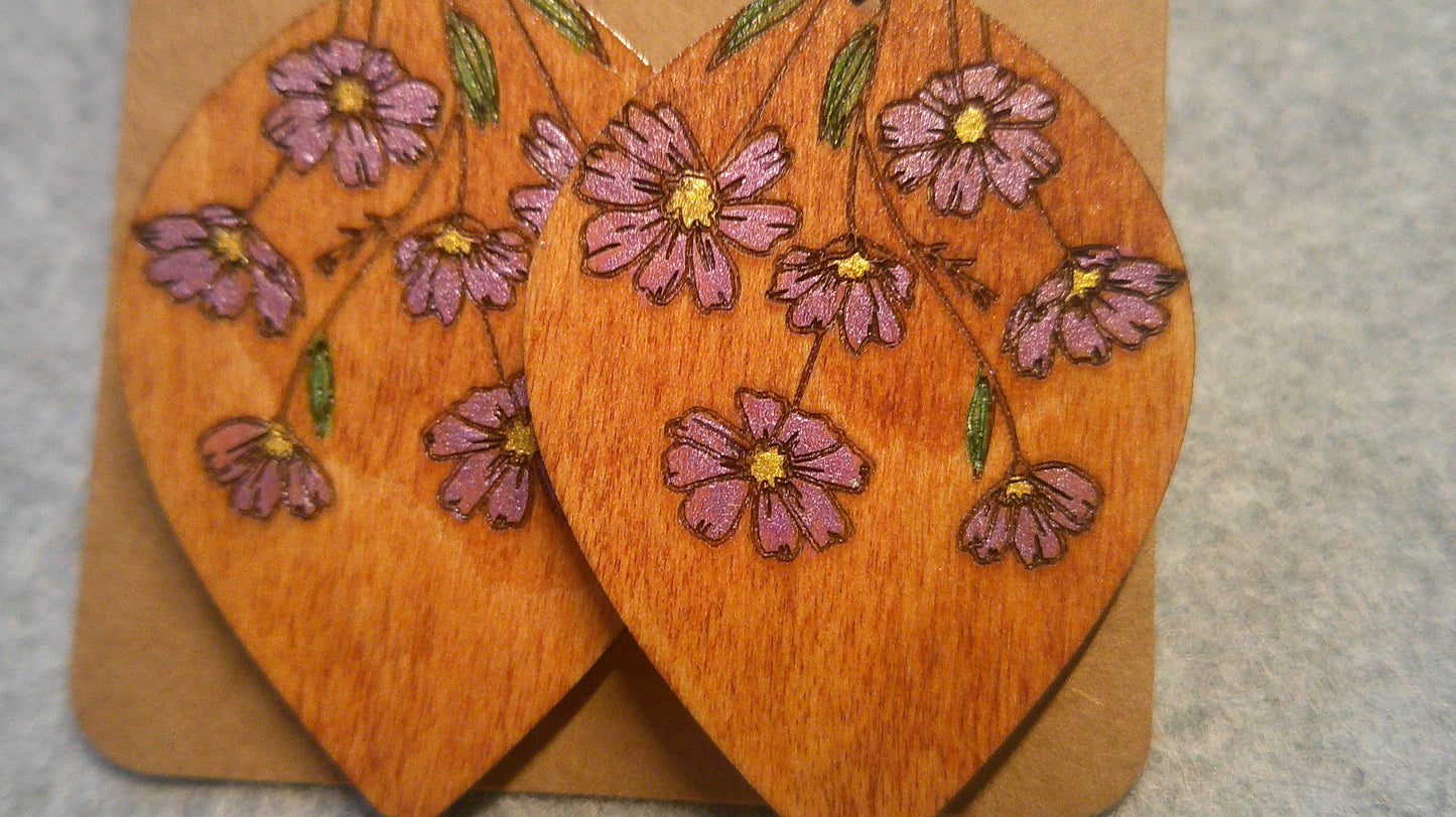 Dangle Earrings - Engraved and Hand Painted Floral Wood Earrings, Makes a great gift!