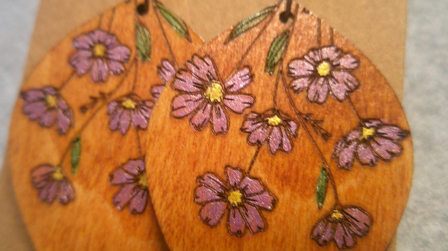 Dangle Earrings - Engraved and Hand Painted Floral Wood Earrings, Makes a great gift!