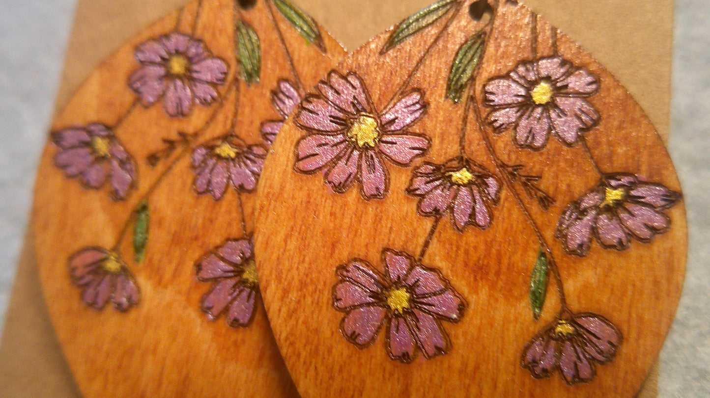 Dangle Earrings - Engraved and Hand Painted Floral Wood Earrings, Makes a great gift!