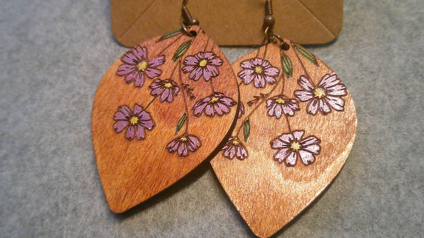 Dangle Earrings - Engraved and Hand Painted Floral Wood Earrings, Makes a great gift!