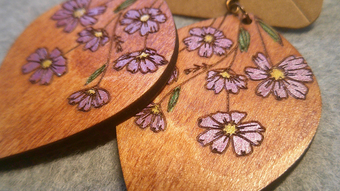 Dangle Earrings - Engraved and Hand Painted Floral Wood Earrings, Makes a great gift!