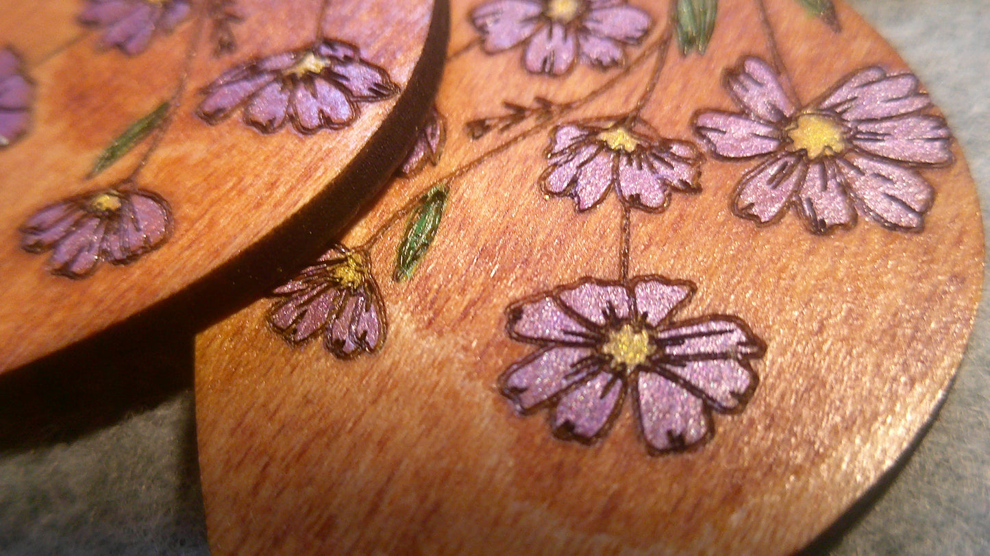 Dangle Earrings - Engraved and Hand Painted Floral Wood Earrings, Makes a great gift!