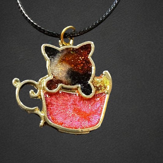 Adorable Calico Kitty in Coffee Cup, 1" Resin Pendant, Gift for Cat & Coffee Lovers