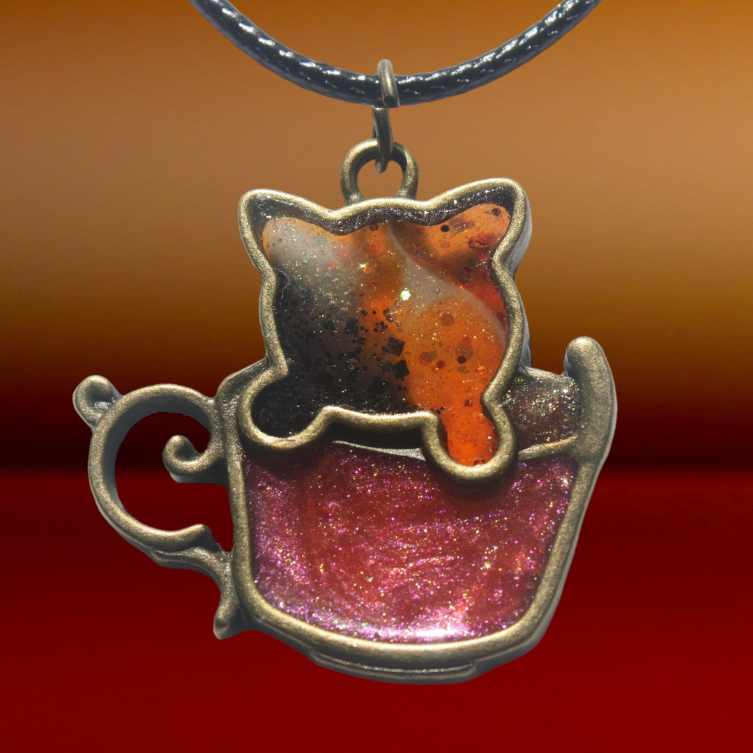 Adorable Calico Kitty in Coffee Cup, 1" Resin Pendant, Gift for Cat & Coffee Lovers