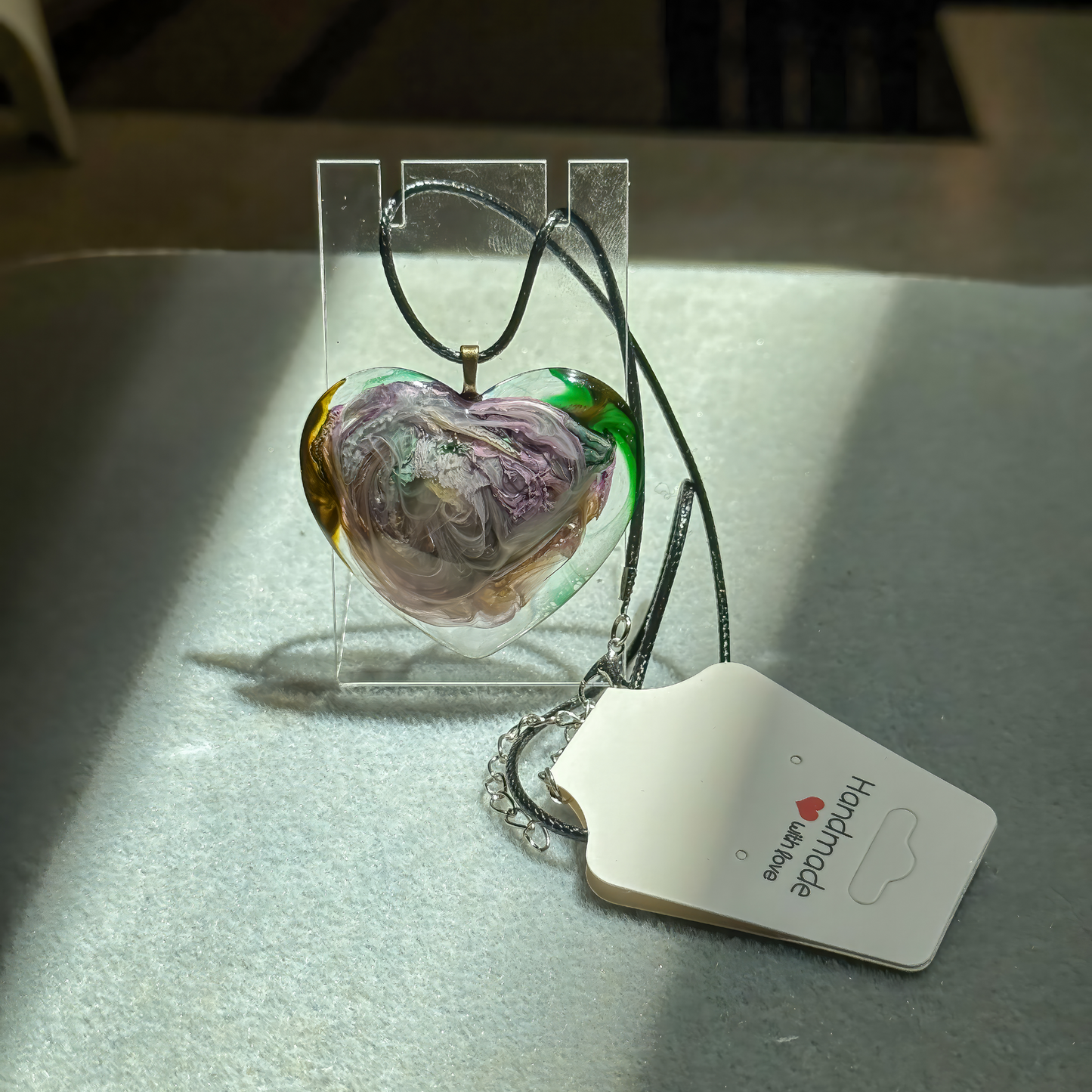 Unique Handmade Heart Necklace in Grey, Purple & Green