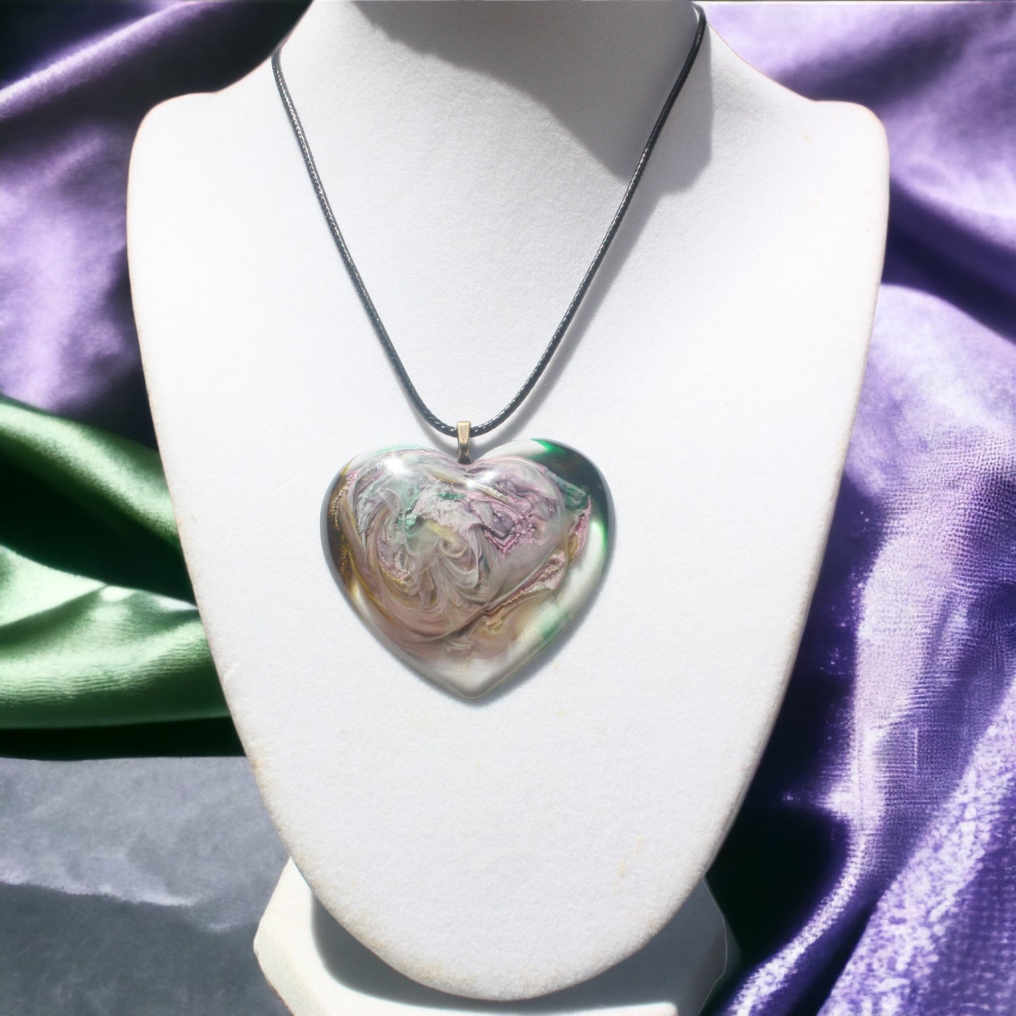 Unique Handmade Heart Necklace in Grey, Purple & Green