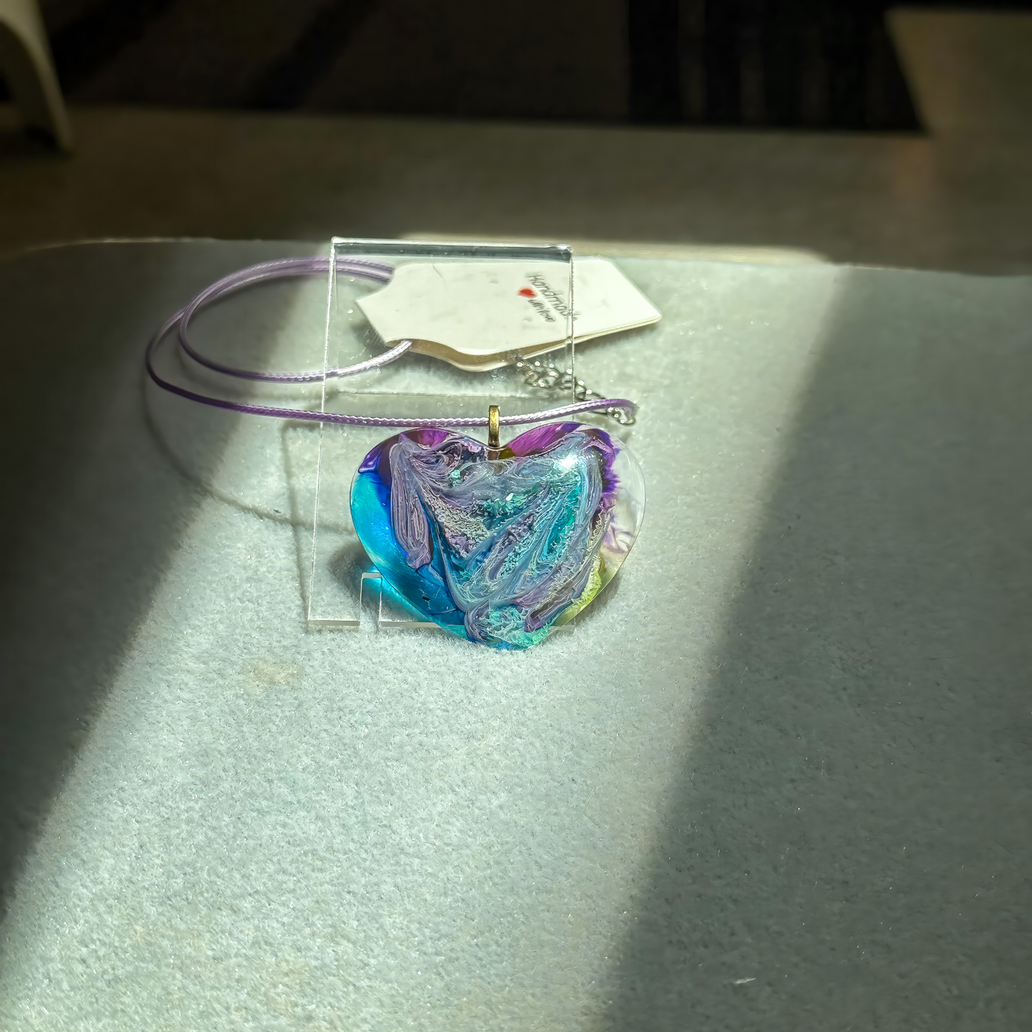 Unique Handmade Heart Necklace in Rich Lavender, Blue & Green