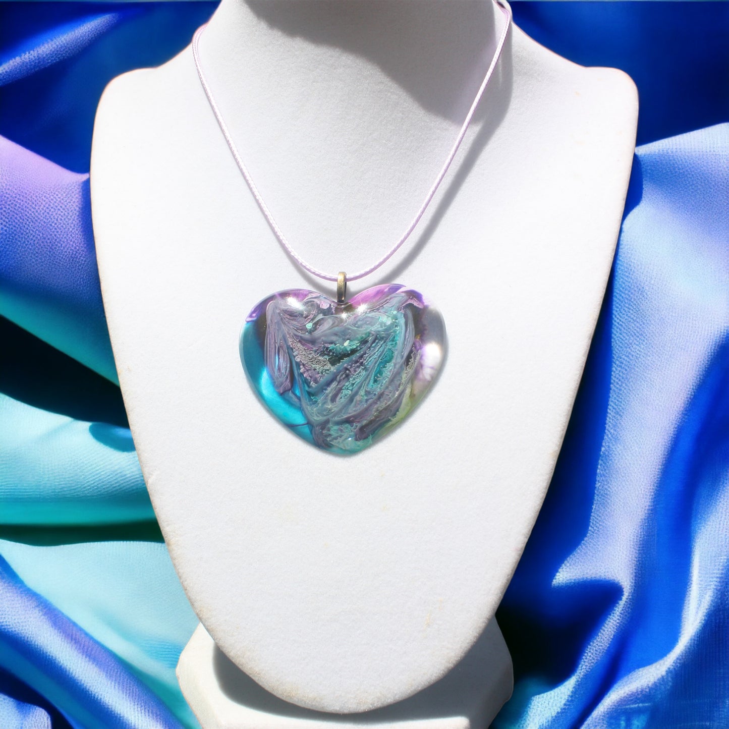 Unique Handmade Heart Necklace in Rich Lavender, Blue & Green