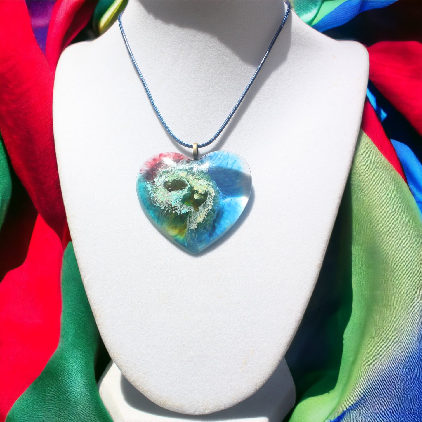 Unique Handmade Heart Necklace in Rich Red, Blue & Green