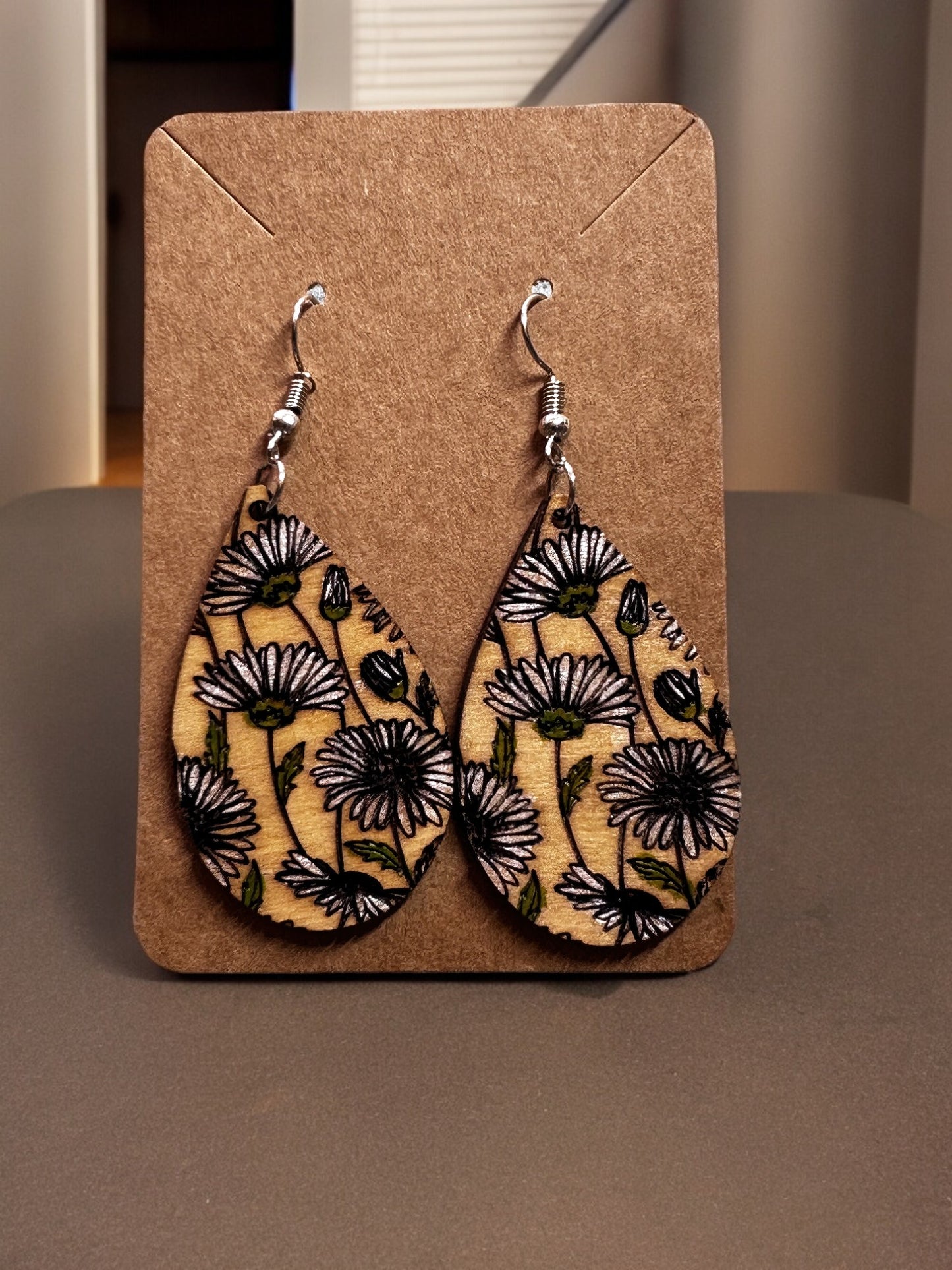 Field of Daisies Dangle Earrings - Handmade engraved & painted wooden earrings