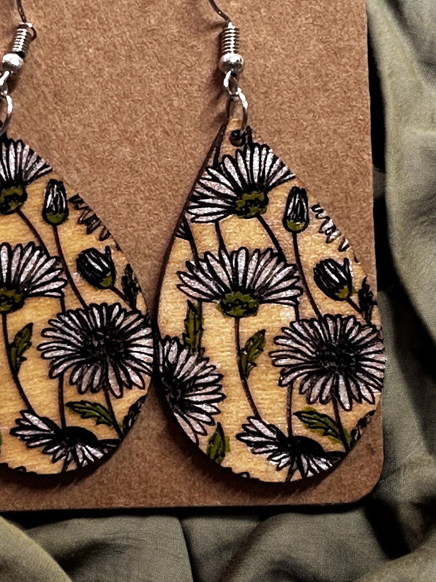 Field of Daisies Dangle Earrings - Handmade engraved & painted wooden earrings