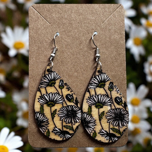 Field of Daisies Dangle Earrings - Handmade engraved & painted wooden earrings