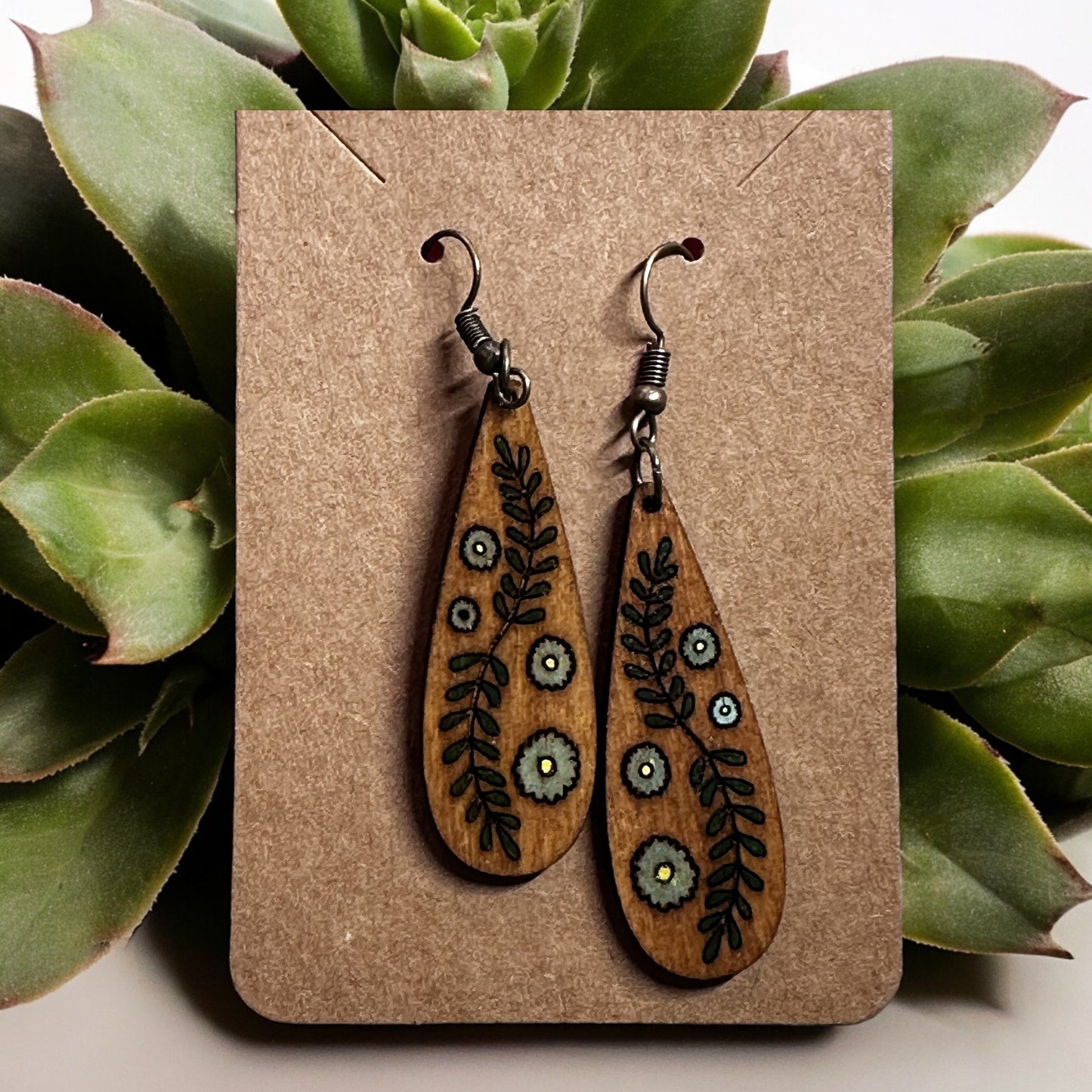 Dangle Earrings - Engraved and Hand Painted Wood Earrings, Makes a great gift!