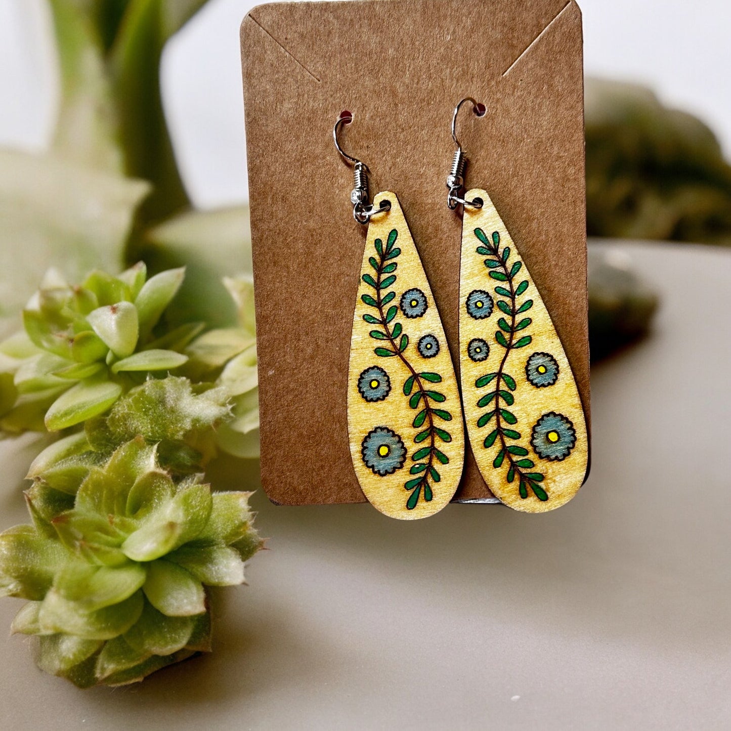 Dangle Earrings - Handmade Engraved and Painted Wooden Earrings, Makes a Great Gift