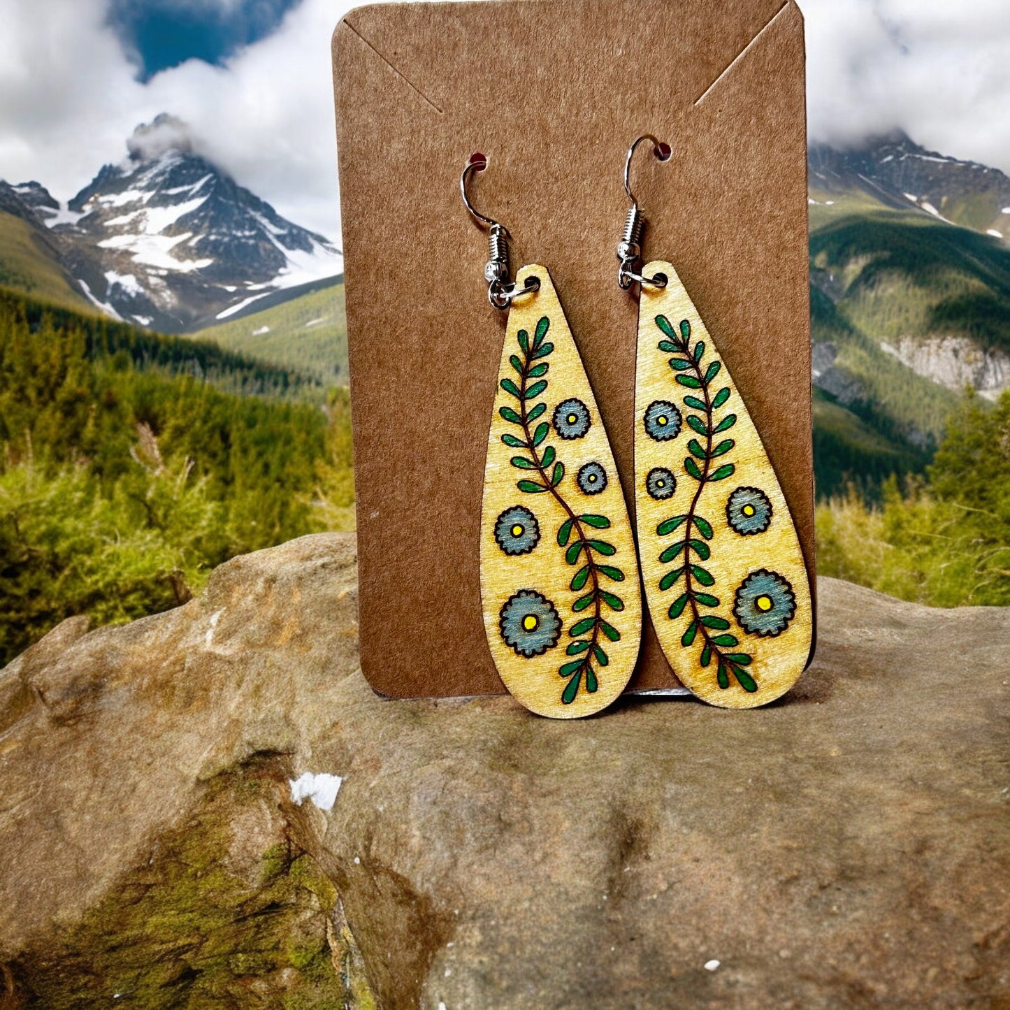 Dangle Earrings - Handmade Engraved and Painted Wooden Earrings, Makes a Great Gift